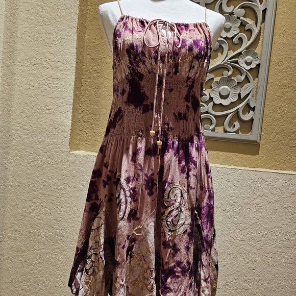 Fashion Terminal Tie-Dye Boho Spaghetti Strap Sundress W Embroidered Details S - Picture 11 of 11